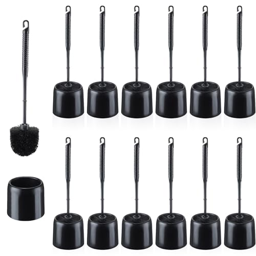 Roshtia 12 Sets Toilet Brush and Holder Set for Bathroom Toilet Bowl Brush Scrubber with Caddy for Deep Cleaning, 14.57 Height (Black) - color: Black