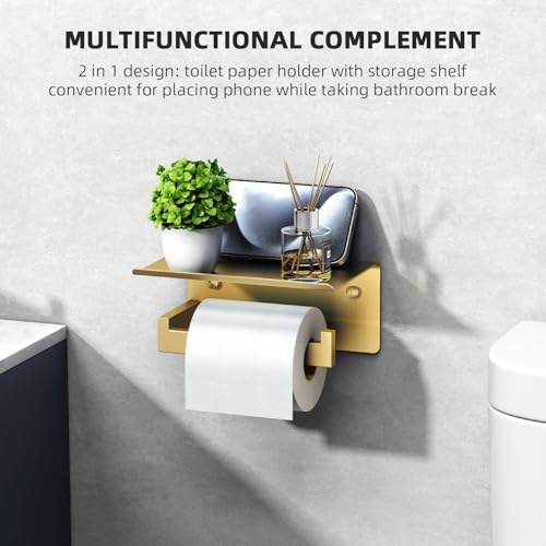 Angle Simple Toilet Paper Holder with Shelf, SUS304 Stainless Steel Bathroom Tissue Roll Holder for Wall, Brushed Dark Gold - color: Brushed Dark Gold, size: Single Rod
