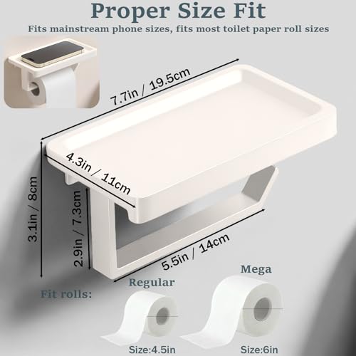 Cream White Toilet Paper Holder with Shelf, Premium Thicken Aluminum Alloy, Self Adhesive Toilet Tissue Roll Holder Wall Mount for Bathroom, Washroom, Kitchen, RV with Cell Phone Storage - color: Cream White