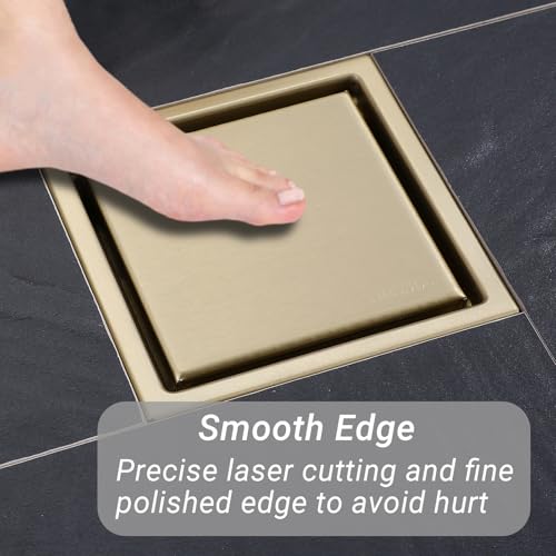 4 Inch Gold Shower Drain, SUS304 Stainless Steel Square Bathroom Floor Drain with Flange Reversible 2-in-1 Cover Insert Tiles for Filtering, Brushed Gold - color: Brushed Gold, size: 4 inch-Reversible