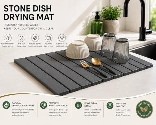 Stone Dish Drying Mat for Kitchen with Sink Splash Guard Counter, Foldable Quick Dry Dish Drying Mats, Absorbent Diatomaceous Earth Stone Drying Mats for Plate Rack Bottles Cups (Gray, 18"L×12"W)