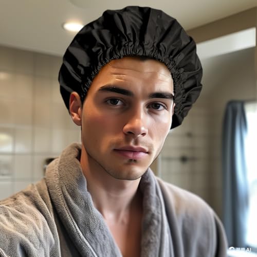 Edoneery Reusable Shower Caps for Women, Waterproof Long Hair Bonnet | Washable Design, Wide Elastic Band, Large Fit, Holds Long Hair, Braids Friendly, Bath Accessories, Spa, Travel - color: Black