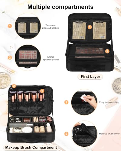 Relavel Makeup Bag Train Case for Women Travel Cosmetic Organizer with Adjustable Dividers and Brush Compartment, Large Storage Box for Cosmetics, Toiletries, Nail Polish, Jewelry, Electronic (Black) - color: Black, size: Medium