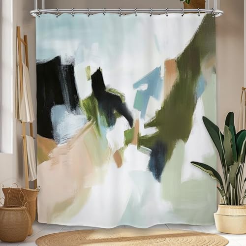 Abstract Green Brushstroke Shower Curtain 60Wx72L Inch Oil Painting Modern Contemporary Art Bathroom Set Accessories Decor with 12 Pack Hooks - color: Green Brushstroke, size: 60"W x 72"L (Pack of 1)