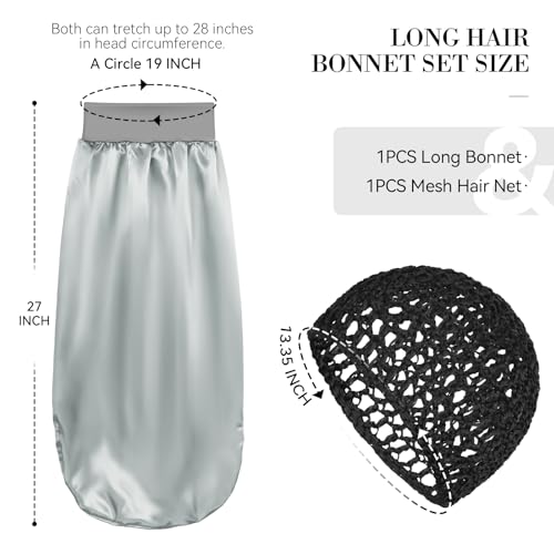 Long Bonnet-Crochet Hair Net Set Braid Bonnets for Black Women Mesh Hair Net Anti Frizz Satin Large Bonnet for Curly, Braids Hair 2 Piece Set Reusable Elastic (black net, silver bonnet) - color: Black Net, Silver Bonnet