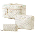 HBselect Quilted Makeup Bag, 3PCS Cotton Large Travel Makeup Bag, Cute Floral Coquette Make up Bag Cosmetic Bag Toiletry Bag for Women Girls - color: A-3PCS-Flower