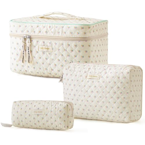 HBselect Quilted Makeup Bag, 3PCS Cotton Large Travel Makeup Bag, Cute Floral Coquette Make up Bag Cosmetic Bag Toiletry Bag for Women Girls - color: A-3PCS-Flower