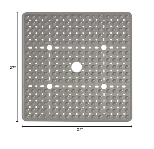Large Square Shower Mat 27 x 27 Inch Clear Gray, Non Slip Shower Bathtub Mats for Inside Shower with Big Suction Cups Drain Holes, Anti Slip Bathroom Floor Stall Mats, Easy Clean, BPA-Free - color: Clear Grey