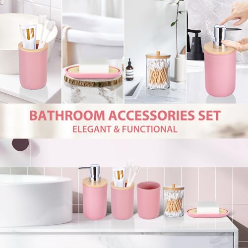 iMucci Bathroom Accessories Set 5Piece Pink Bathroom Sets, Toothbrush Holder, Toothbrush Cup, Lotion Soap Dispenser, Soap Dish and Qtip Holder Bathroom Decor - style: Pink