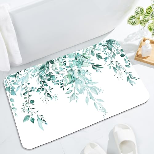 Gibelle Eucalyptus Leaves Bath Mat Rug Super Absorbent Quick Dry Thin Bathroom Rugs Fit Under Door Non Slip Rubber Backed Bathroom Floor Mat for in Front of Bathtub Sink Shower (17"x24", Teal) - color: A006, size: 17" x 24"