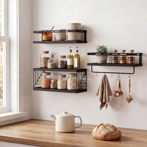 Fixwal Wall Mounted Bathroom Shelves Over Toilet, Rustic Wood Floating Shelves with Metal Frame and Towel Bar for Bathroom, Kitchen, Bedroom, Living Room (3 Plus 1 Black) - color: 5-black