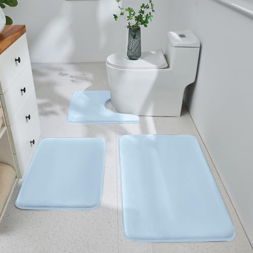 HUXMEYSON Bathroom Rugs Sets 3 Piece, Ultra Soft Velvet Memory Foam Bath Rugs, Non-Slip & PVC Backing Bathroom Mat Set, Washable Quick Dry Bath Rug - Light Blue - color: Light Blue, size: 17"x24"+20"x32"+U Shape 20"x24"
