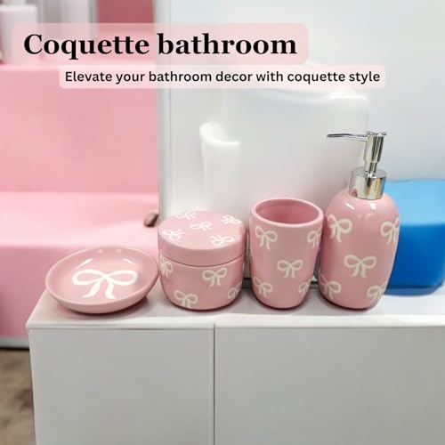 Bow Bathroom Set, 4 Pcs Ceramic Bathroom Accessory Sets - Soap Dispenser, Tumbler Toothbrush Holder, Vanity Soap Tray, Cotton Swab Jars - Pink Bathroom Decor Gift for Her (Pink) - color: Pink