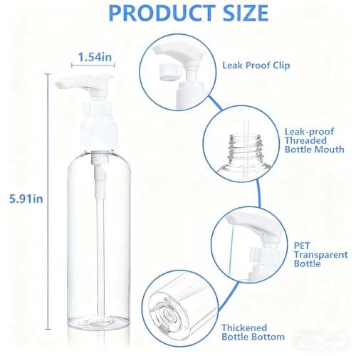 DTDNZKN 4 Pack 3.4 Oz (100ml) TSA Approved Travel Pump Bottles | Refillable Plastic Lotion Dispenser Leakproof Pump Bottle for Toiletries Clear Travel Size Bottles with Labels
