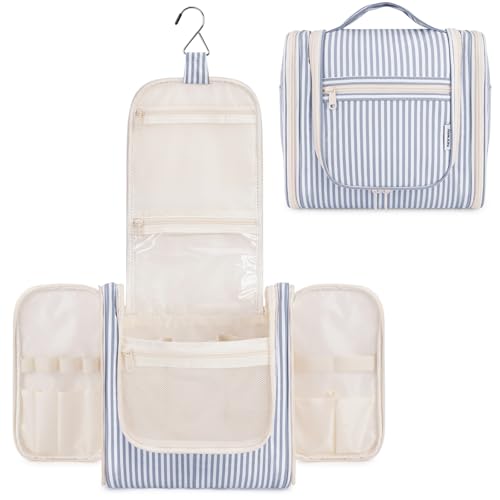 Narwey Striped Hanging Travel Toiletry Bag for Women, Travel Bag for Toiletries, Makeup Bag Organizer Cosmetic Bags Make Up Bags for Women (Greyish Blue Stripe) - color: CA-Greyish Blue Stripe, size: Large