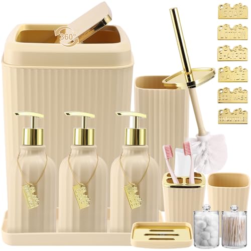 17PCS Bathroom Accessory Set Bathroom Set Beige Bathroom Accessories,Toilet Brush, Trash Can, Qtip Holder Dispenser& 3PCS Soap Dispenser - size: Bath Set with Swing-Top Trash Can, style: Beige