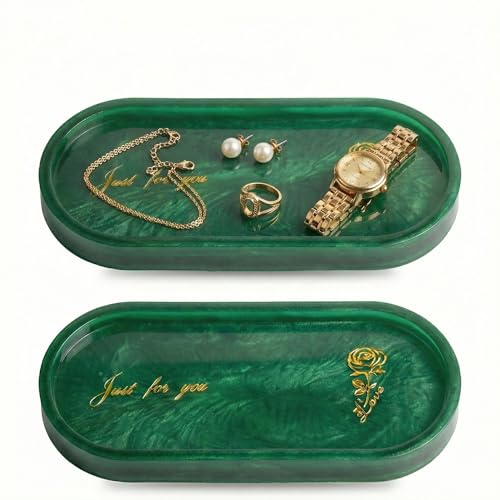 Bathroom Vanity Trays for Counter: Green Resin Towel Tray Organizer with Words - Oval Bathroom Sink Tray Countertop - Decorative Tray for Perfume/Oil Bottles - color: Green2