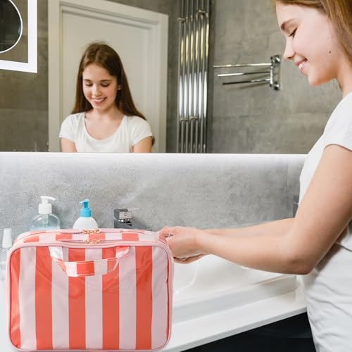 Travel Toiletry Bag for Women, Waterproof Clear Coated Portable Stripe Makeup Cosmetic Bag with Compartment, Travel Organizer for Shampoo, Conditioner, Brushes Set,Cosmetic Accessories(Pink-Orange) - color: Pink-Orange