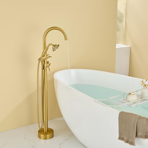 Wowkk Tub Filler Freestanding Bathtub Faucet Brushed Gold Floor Mounted Brass Bathroom Tub Faucets with Hand Shower - color: Brushed Gold