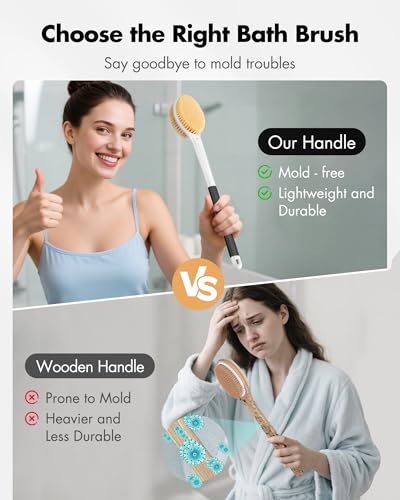 Back Scrubber Anti Slip for Shower: 18.1'' Long Handle Bath Brush with Stiff and Soft Bristles Body Exfoliator Wet or Dry Brushing for Women, Men, Elderly (Charcoal Gray) - size: Long Handle 18.1 in-Charcoal Gray