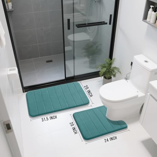Yimobra Memory Foam Bath Mat Set 2 Piece - Super Soft Absorbent Quick Dry Bathroom Toilet Rugs, Machine Washable Non Slip Floor Carpet for Tub Shower & Single Sink (31.5x20 & 24x20, Teal) - color: Teal, size: 31.5x20+24x20 Inch