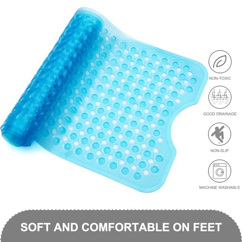 TEESHLY Bath Tub and Shower Mats, Non Slip 40 x 16 Inch Extra Large Bathtub Mat, Machine Washable Bathmat with Drain Holes, Suction Cups for Bathroom Floor, Clear Blue - color: Blue (Translucent)
