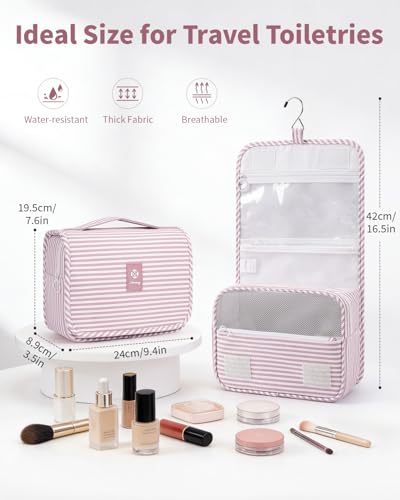 Narwey Small Hanging Toiletry Bag for Travel Women Girl, Striped Toiletries Travel Bag with Hook, Hanging Makeup Bag Organizer Make Up Cosmetic Bags, Gifts for Kids Teen (Dusty Pink Stripe) - color: Y-Dusty Pink Stripe