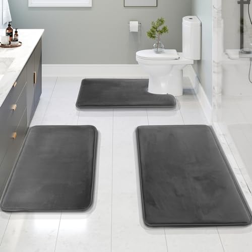 Clara Clark 3 Piece Bathroom Rugs Bath Mat Set, Velvet Memory Foam Bath Mats for Bathroom - Non-Slip, PVC Backing Bath Rugs, Washable - Dries Quickly, Grey - color: Dark Grey, style: 17 x 24 + 20 x 32 + Contour