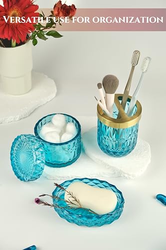 LaMarriti Teal Blue Bathroom Accessories Set, 5Pcs Clear Glass Bathroom Set, Hand Soap Dispenser Set, Soap Dish, Toothbrush Holder, Tumbler, Q-Tips Holder for Crystal Vantage Bathroom Decor - style: Teal Blue
