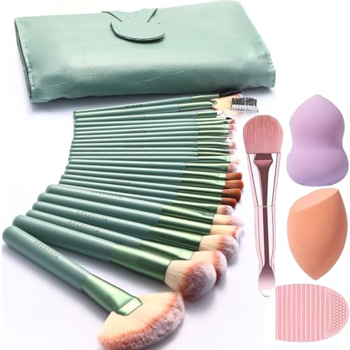 Makeup Brushes, Quality Make Up Brushes 28Pcs Makeup Brushes Set Professional, Beginner Make-up Sets With Case, Soft Brush Kits Sponges Masks Spatula,Travel-Friendly Women Girls Gift Sets - color: Green