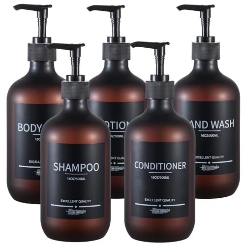 Refillable Matte Amber Plastic Shampoo and Conditioner Bottles (5 Pack, 16.9oz), with Pumps and Labels - color: Matte Amber