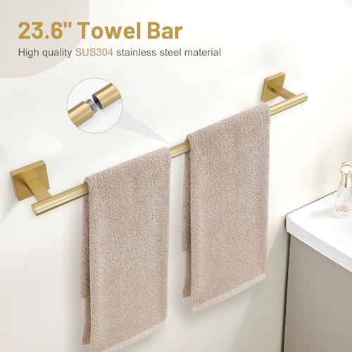5 Pieces Brushed Gold Bathroom Hardware Set, SUS304 Stainless Steel Bathroom Accessories Set 23.6 inches Towel Bar, Toilet Paper Holder with Shelf, Towel Ring and Two Towel Hooks Wall-Mounted - color: Brushed Gold, size: 5 Pieces - With Shelf