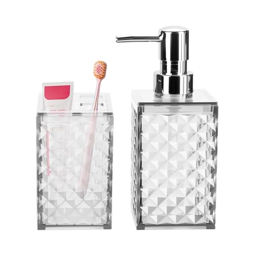 Bathroom Accessories Set 2 PCS, White Bathroom Accessories Include Soap Dispenser and Toothbrush Holder, Diamond Pattern Bathroom Set for Boho Bathroom Decor - color: White