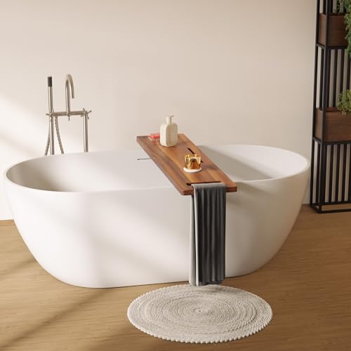 Tinamo Acacia Bathtub Caddy Tray Table | 39 x 9.75 x 2.5 Inch Large Bath Tub Tray Wooden | Anti-Tipping, Sustainable Tub Tray for Bathtub | Bathtub Accessories Holders for Bathtub (Acacia, 39x9.75) | Adjustable Feet, 39" x 9.75" x 2.5", Phone & Drink Hold