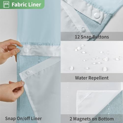 eachope Boho Farmhouse No Hook Shower Curtain Set with Snap-in Fabric Liner,Heavy-Duty Linen Textured Rustic Striped Design,Water-Repellent with Tassels and Sheer Window,Fog Blue,71x74 - color: Fog Blue, size: 71"W x 74"L (Pack of 1)