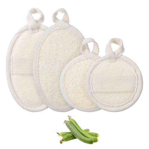 Natural Loofah Sponge Exfoliating Body Scrubber Pads (4-Pack) | Plant-Based Luffa for Men & Women, Bath Shower Scrubber for Face and Body Skin Care
