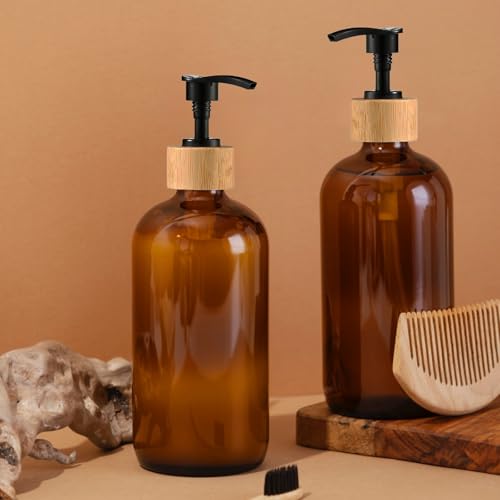 16oz/480ml Amber Glass Soap Dispenser Set, 2 Pack Dish Hand Soap Dispenser for Kitchen Bathroom, Clear Liquid Soap Bottle Dispenser with Bamboo Pump, Waterproof Labels, Funnel