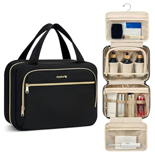 Hanke Hanging Travel Toiletry Bag for Women, Water-Resistant Makeup Organizer with Hook, Cosmetic Bag for Bathroom & Travel Essentials Accessories, Black - color: Black