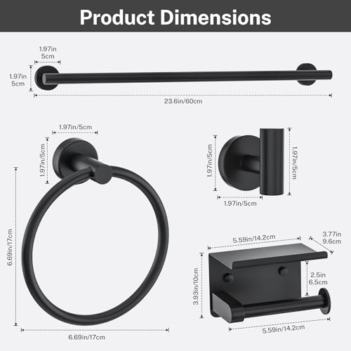 Matte Black Towel Bar Set 5 Pieces Bathroom Hardware Accessories Set Round Towel Holder Set for Bathroom Upgraded Toilet Paper Holder Stainless Steel Wall Mounted Towel Rack Set,23.6 Inch - color: Black