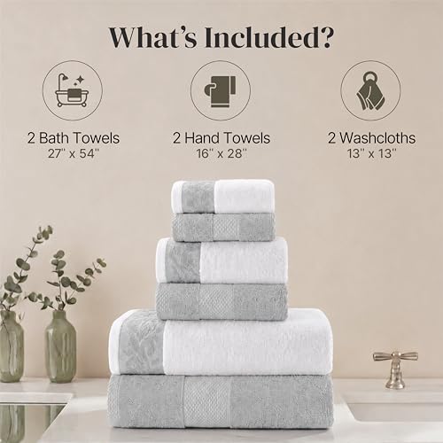 Modern Threads 600 GSM 6-Piece Towel Set with Filgree Jacquard Border, Silver - color: Silver, style: Jacquard Border