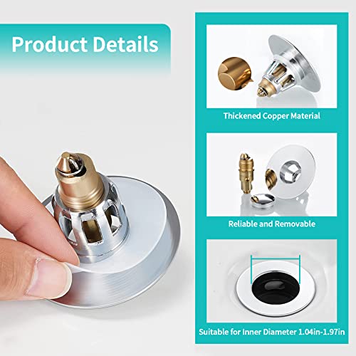 Sink Stopper, Bathroom Sink Drain Strainer with Hair Catcher, for 1.04’’~1.97’’ Drain Hole, Brass Universal Drain Cover, Pop Up Basin Plug - color: Chrome - 1.04-1.97"