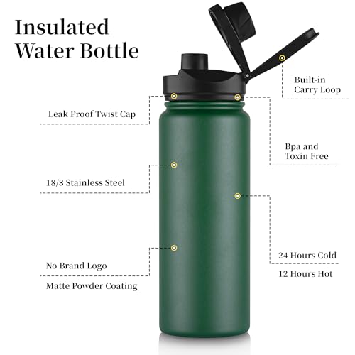 24 oz Insulated Water Bottle Bulk 8 Pack, Stainless Steel Sports Water Bottles with Straw Lid & Wide Mouth Lids, Double Walled Vacuum, Leak Proof, Dark Green - color: Dark Green, size: 24 Ounces-8