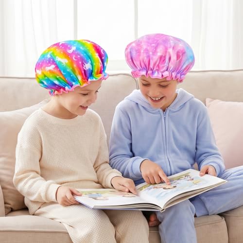 Olypegic Kids Shower Cap, 3 Pcs Girls Shower Cap for Kids Reusable Waterproof Adjustable Large Hair Cap Unicorn Mermaid Rainbow Cute Hair Cover Hat - color: Rainbow