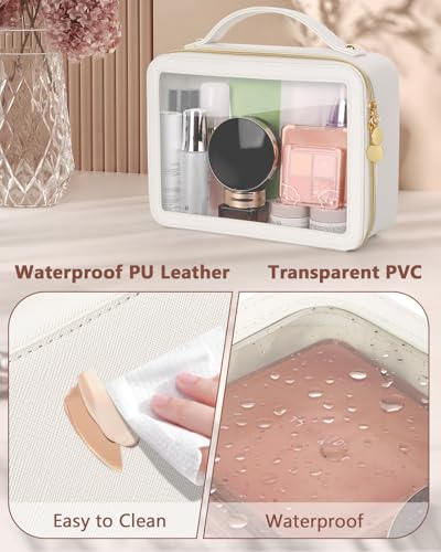 Soimeat Clear Makeup Bag, Portable Travel Cosmetic Bags, Multipurpose Leather Toiletry Bag with Zipper, Waterproof Transparent Cosmetic Organizer for Women, Large, Beige - color: Beige, size: Large