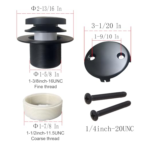 Universal Matte Black Tub Drain and Overflow Kit - Complete 2-Hole Tip-Toe Trim Set with Easy Installation & Fine/Coarse Threads