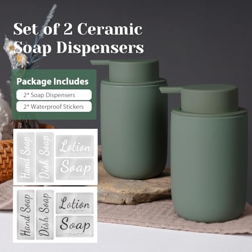 INGOFIN Ceramic Lotion Soap Dispenser Set, 2 Pack (12 oz) Bathroom Hand Soap Dispenser with Pump, Liquid Hand and Dish Soap Dispenser Set, 8 Pcs Clear Stickers, for Kitchen Bathroom-Matte Green - color: Matte Green-liquid