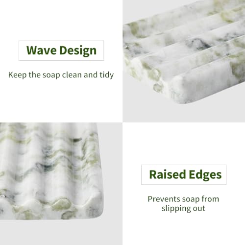 Karibiber Marble Soap Dish, Large Stone Bar Soap Holder Shower, Green Bathroom Soaps Saver, Easy Cleaning Natural Stone Sponge Holder for Kitchen Sink, Executive Jewelry Ring Tray - color: Light Green