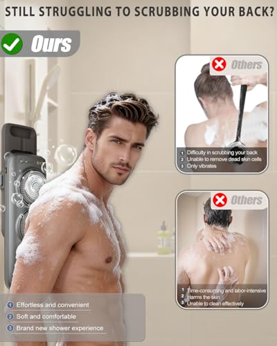Electric Shower Brush for Body with 3 Motorized Brush Heads, Wall-Mounted Back Scrubber for Shower, Exfoliating Soft Bristles, Hands-Free Design, Easy to Install, for Men and Women - size: 19