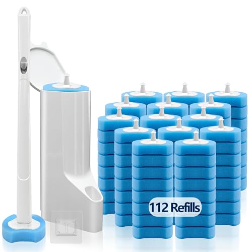 Disposable Toilet Brush, Toilet Bowl Cleaner Wand Kit with 112 Refills | Wall-mounted Toilet Scrubber Kit-16.81" ABS Handle Holder, 112 Sponge Brush Heads for House, Apartment, RV Bathroom Cleaning - color: 1 Pack White Toilet Brush Set