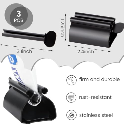 LOVEINUSA Toothpaste Tube Squeezer Dispenser, 3 PCS Toothpaste Roller | Black Squeezer Tool Metal Stainless Steel Tooth, Paste Holder for Bathroom - color: Black